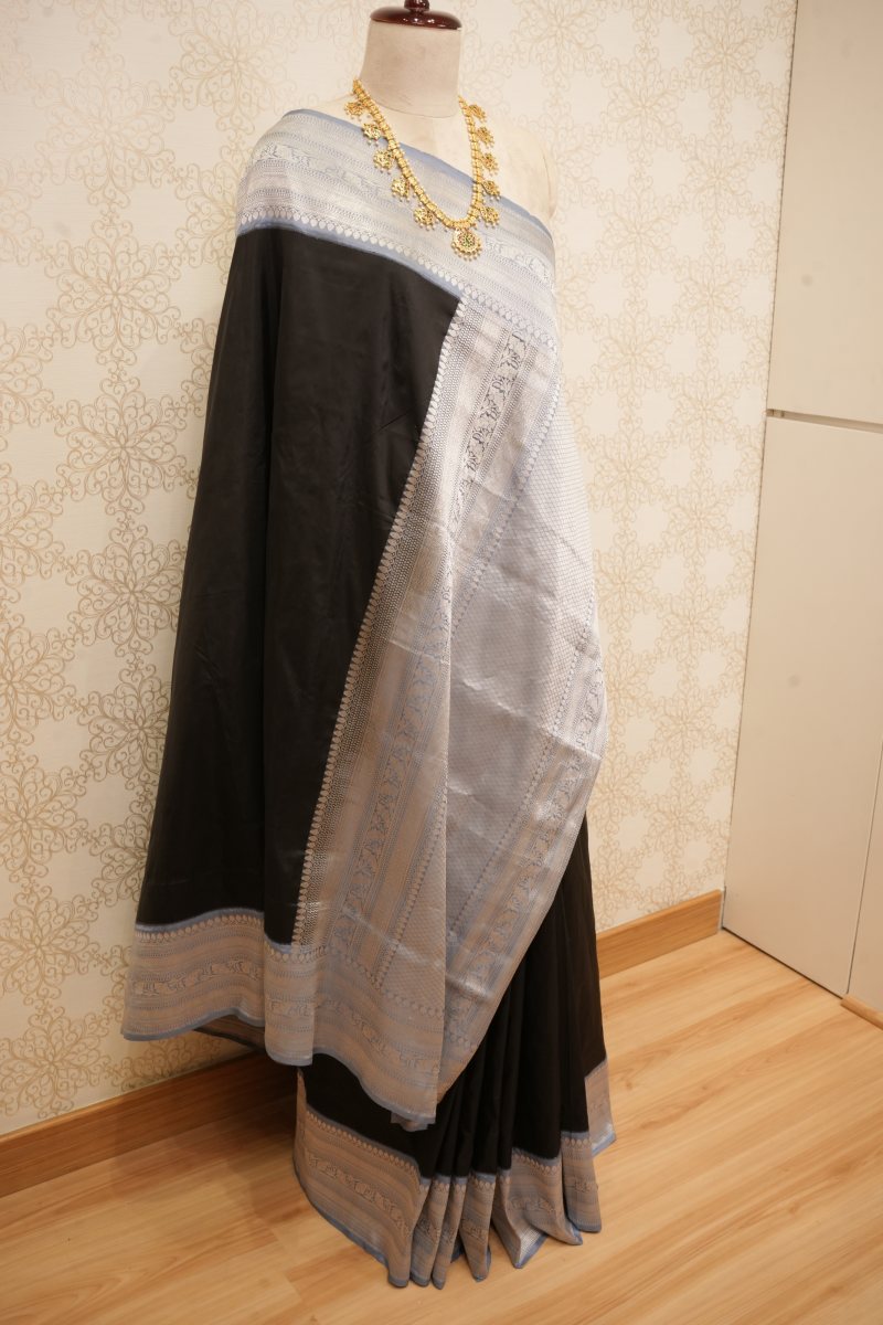 Black Banarasi Pure Silk Saree with Silver Grey Zari — photo 5
