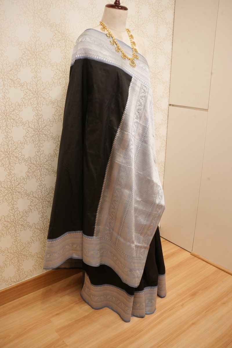 Black Banarasi Pure Silk Saree with Silver Grey Zari — photo 4