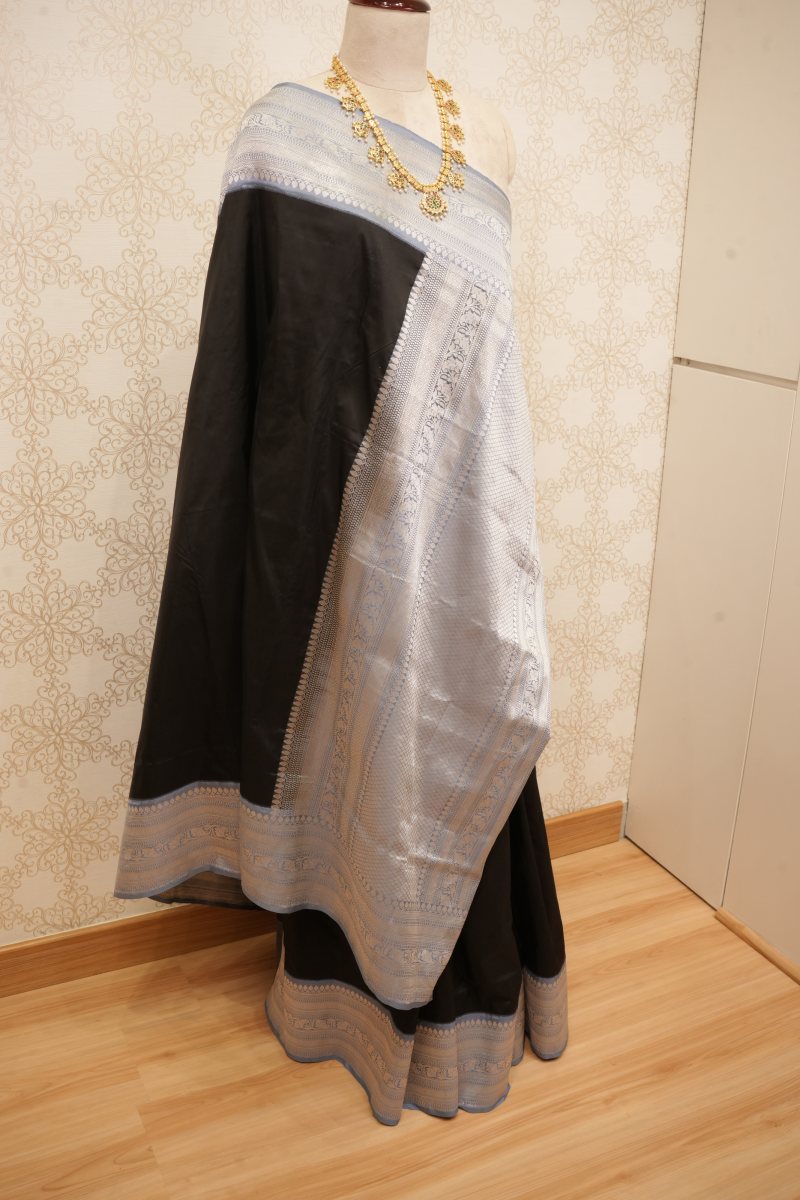 Black Banarasi Pure Silk Saree with Silver Grey Zari — photo 3