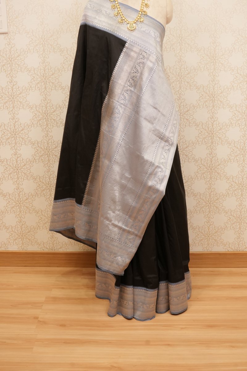 Black Banarasi Pure Silk Saree with Silver Grey Zari — photo 2