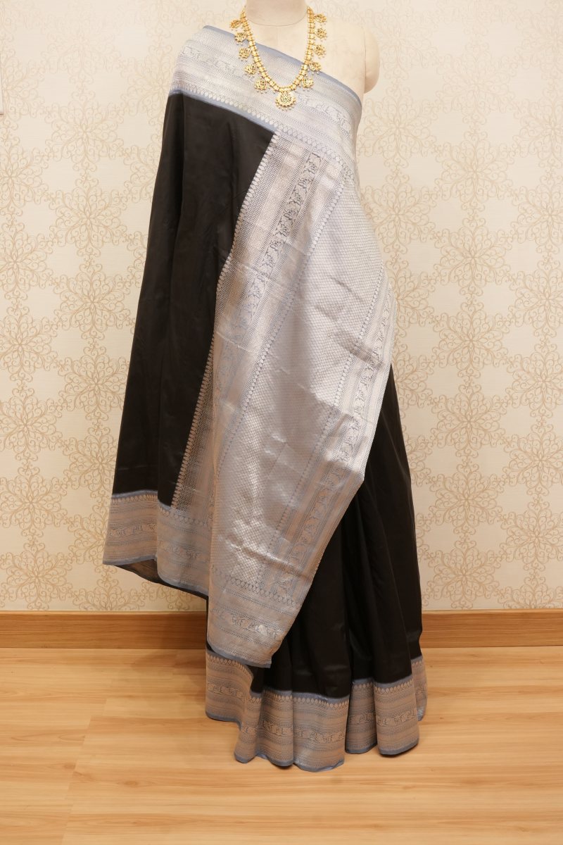 Black Banarasi Pure Silk Saree with Silver Grey Zari — front