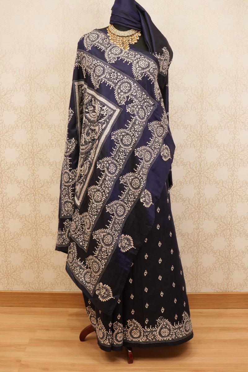 Dark Wine and Dark Royal Blue Pure Silk Kantha Saree — front