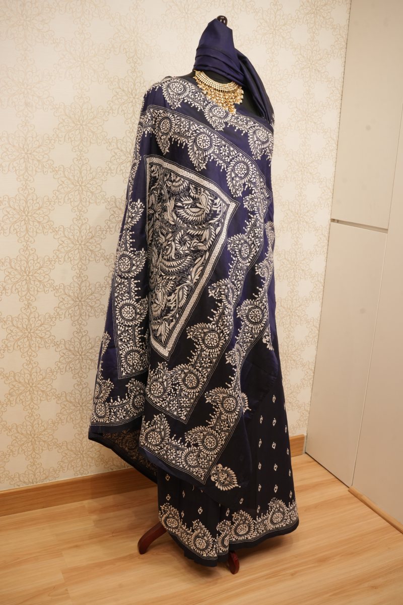 Dark Wine and Dark Royal Blue Pure Silk Kantha Saree — photo 2