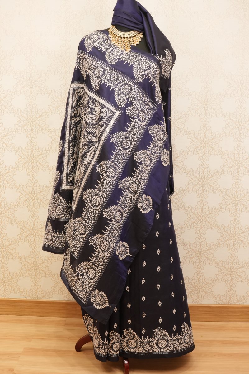 Dark Wine and Dark Royal Blue Pure Silk Kantha Saree — photo 5