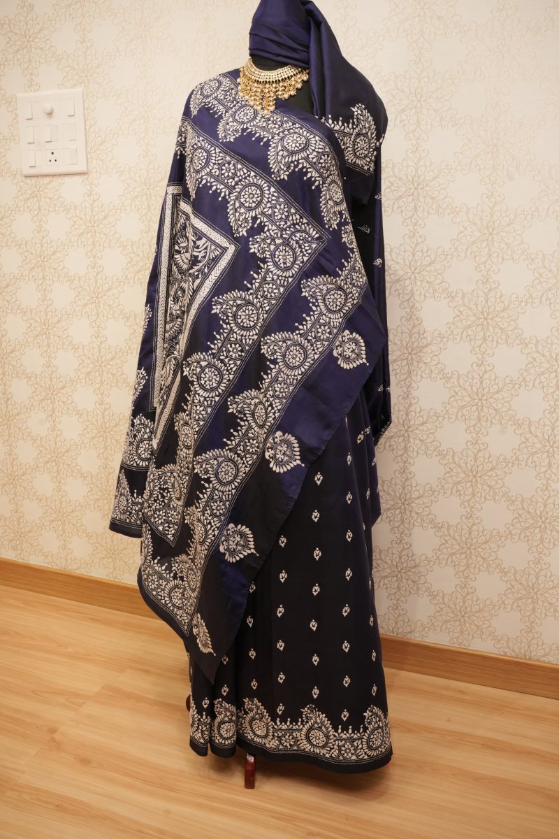 Dark Wine and Dark Royal Blue Pure Silk Kantha Saree — photo 4
