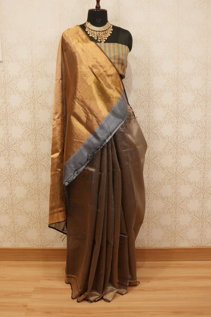 Charcoal Grey and Antique Gold Pure Tissue Saree — front