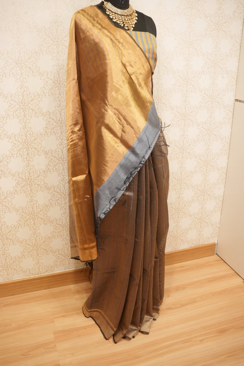 Charcoal Grey and Antique Gold Pure Tissue Saree — photo 5