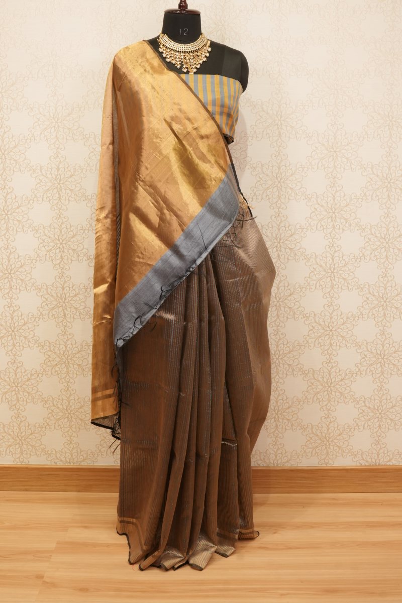 Charcoal Grey and Antique Gold Pure Tissue Saree — photo 2