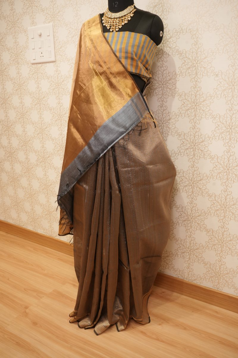 Charcoal Grey and Antique Gold Pure Tissue Saree — photo 3