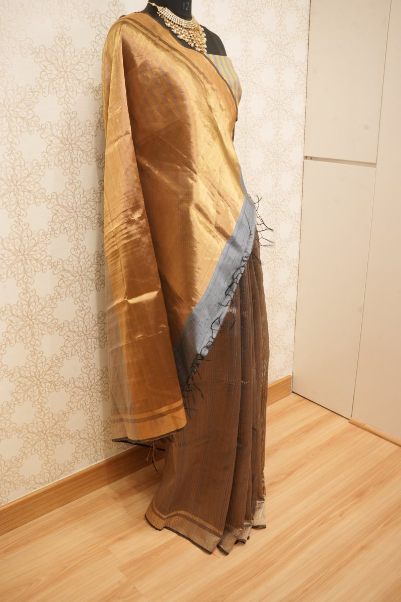 Charcoal Grey and Antique Gold Pure Tissue Saree — photo 4