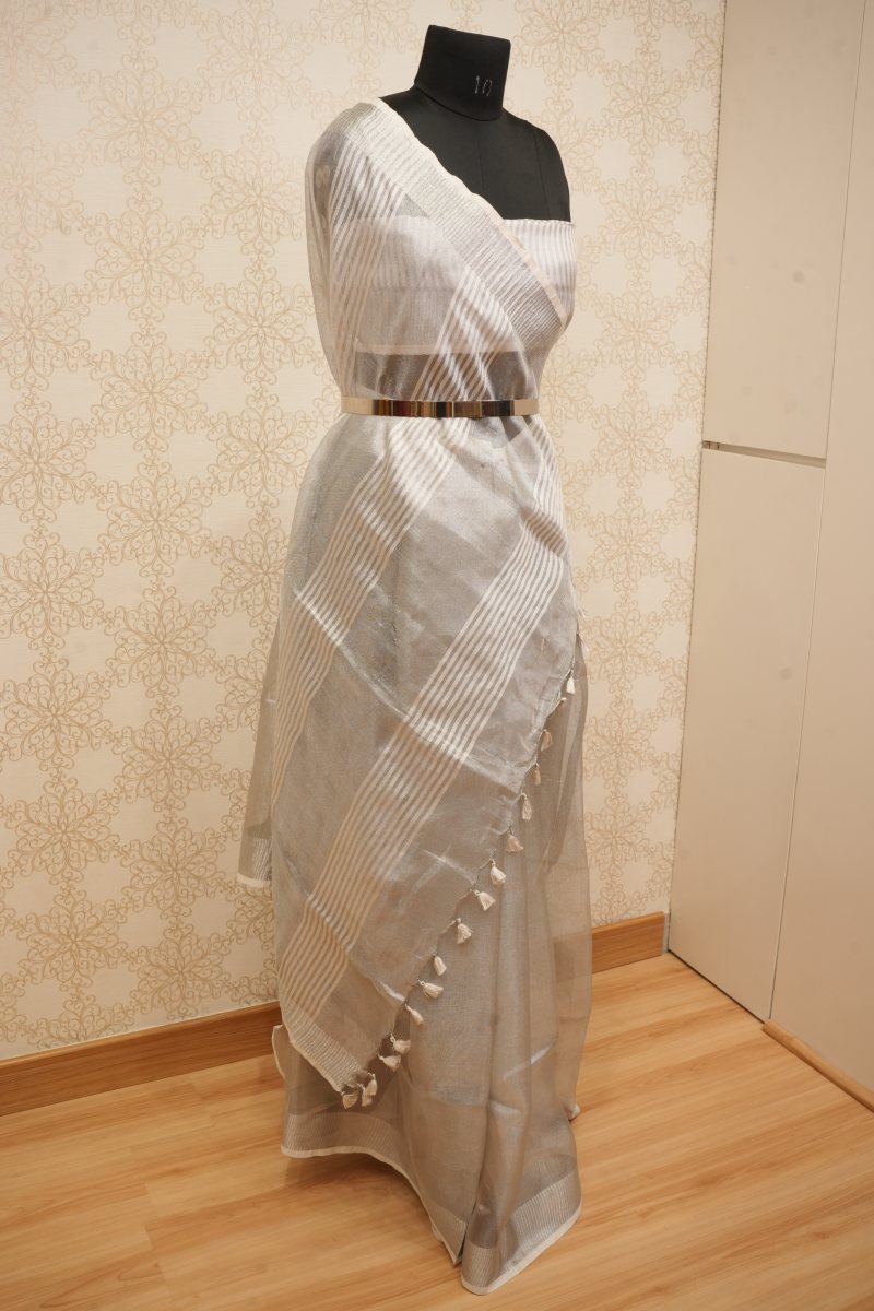 Pearl White and Ivory Pure Tissue Saree with Silver Sheen — photo 5