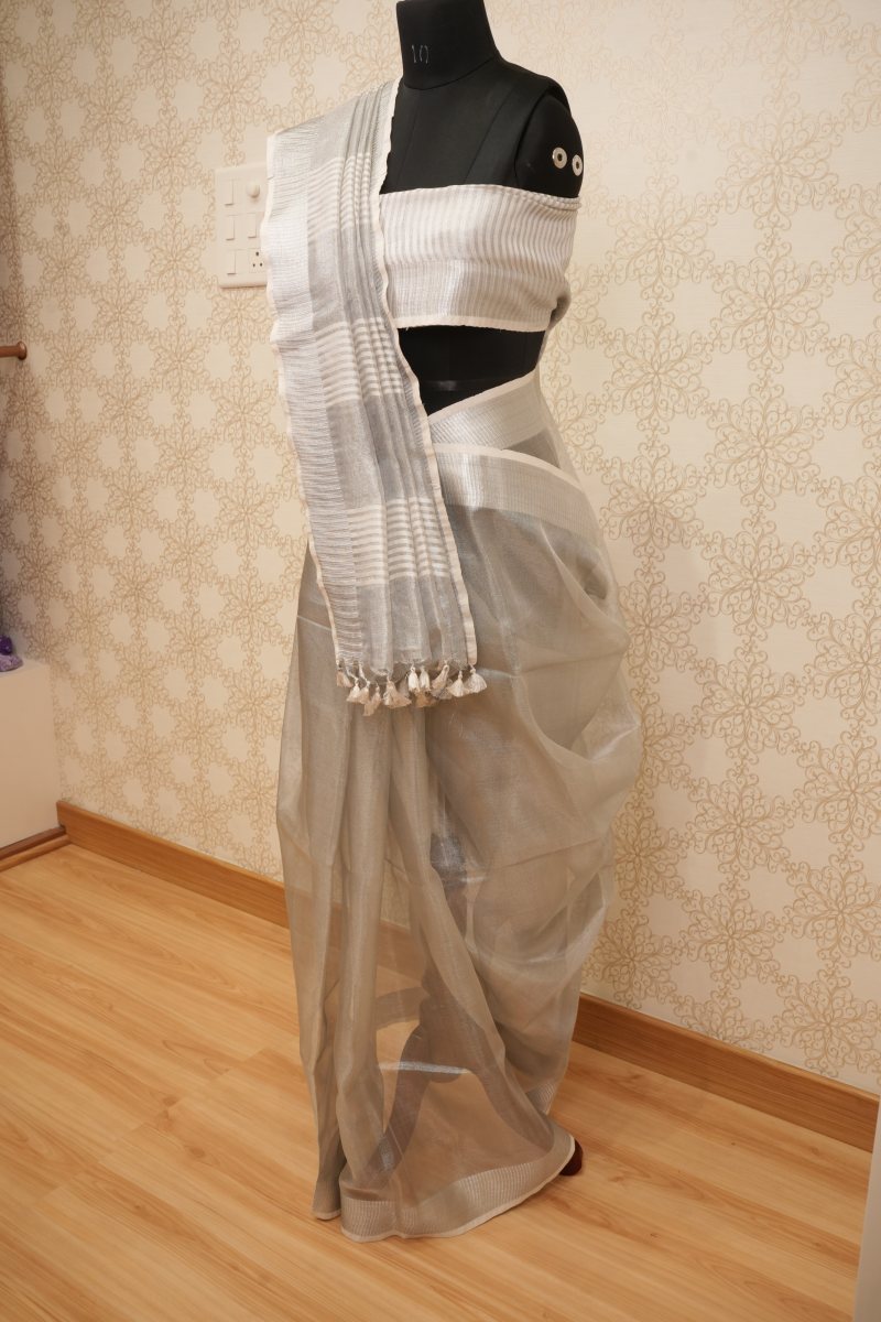 Pearl White and Ivory Pure Tissue Saree with Silver Sheen — photo 3