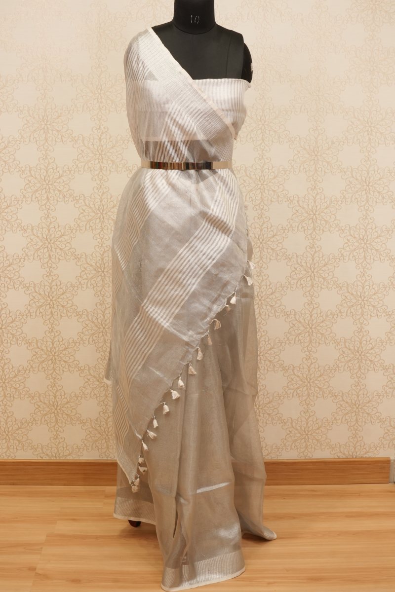 Pearl White and Ivory Pure Tissue Saree with Silver Sheen — photo 4