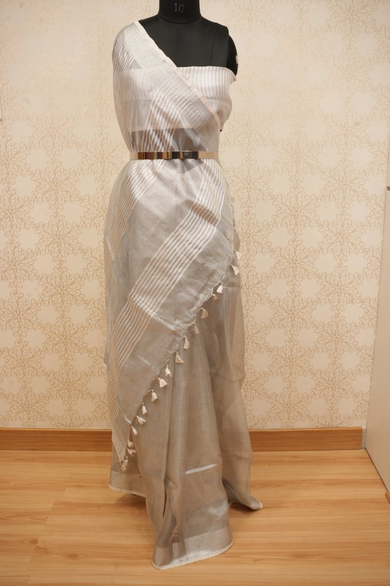 Pearl White and Ivory Pure Tissue Saree with Silver Sheen — front