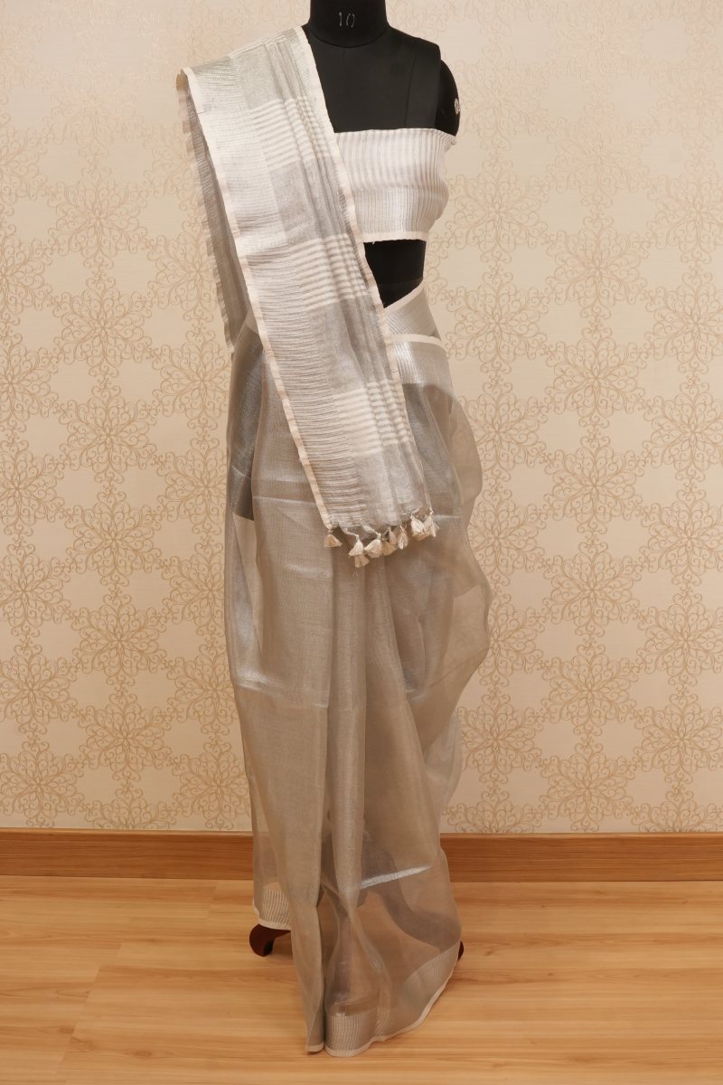 Pearl White and Ivory Pure Tissue Saree with Silver Sheen — photo 2