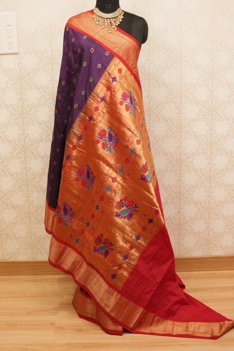 Rani Red and Antique Gold Zari Kadiyal Paithani Silk Saree — photo 6