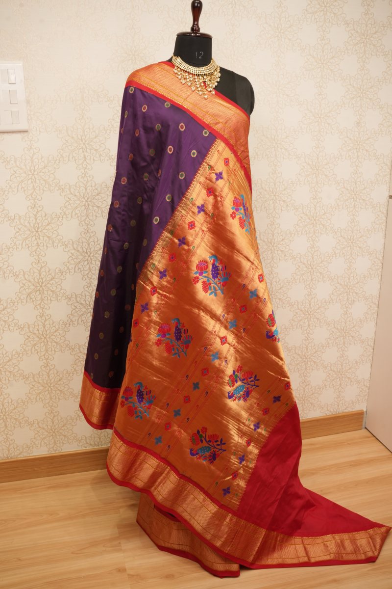 Rani Red and Antique Gold Zari Kadiyal Paithani Silk Saree — photo 5