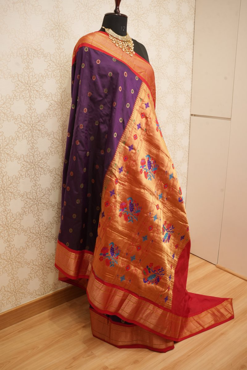 Rani Red and Antique Gold Zari Kadiyal Paithani Silk Saree — photo 4