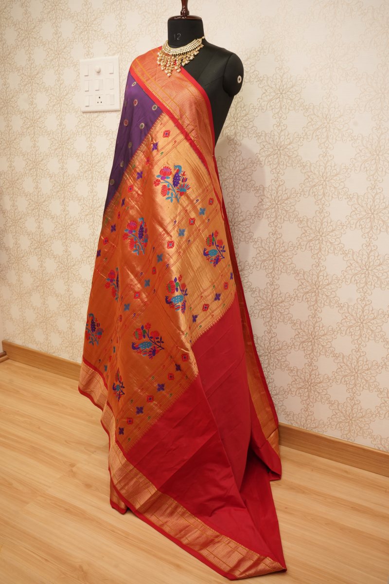 Rani Red and Antique Gold Zari Kadiyal Paithani Silk Saree — photo 3