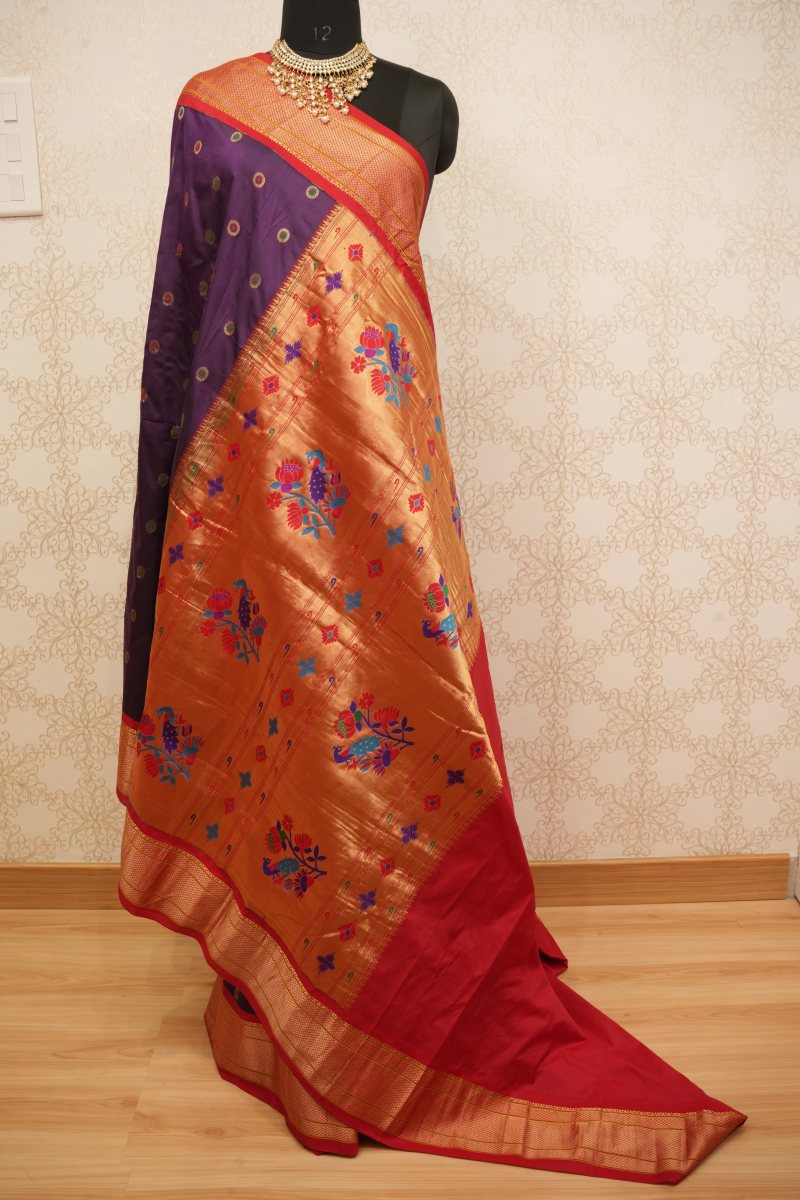 Rani Red and Antique Gold Zari Kadiyal Paithani Silk Saree — front