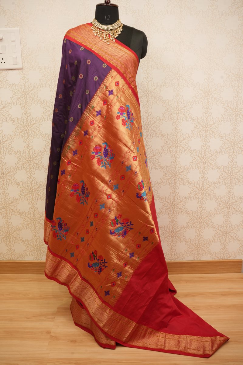 Rani Red and Antique Gold Zari Kadiyal Paithani Silk Saree — photo 2