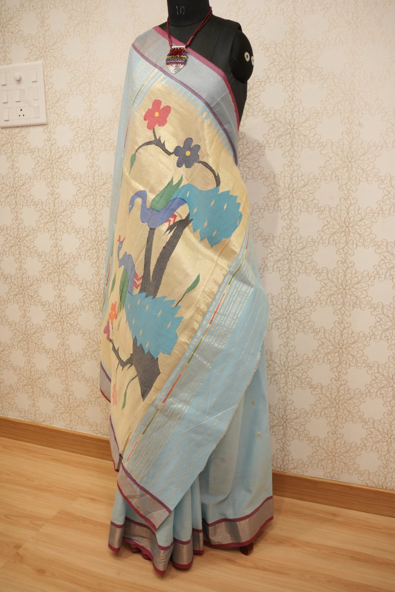 Sky Blue Handloom Cotton Saree with Cream Gold Paithani Pallu — photo 3