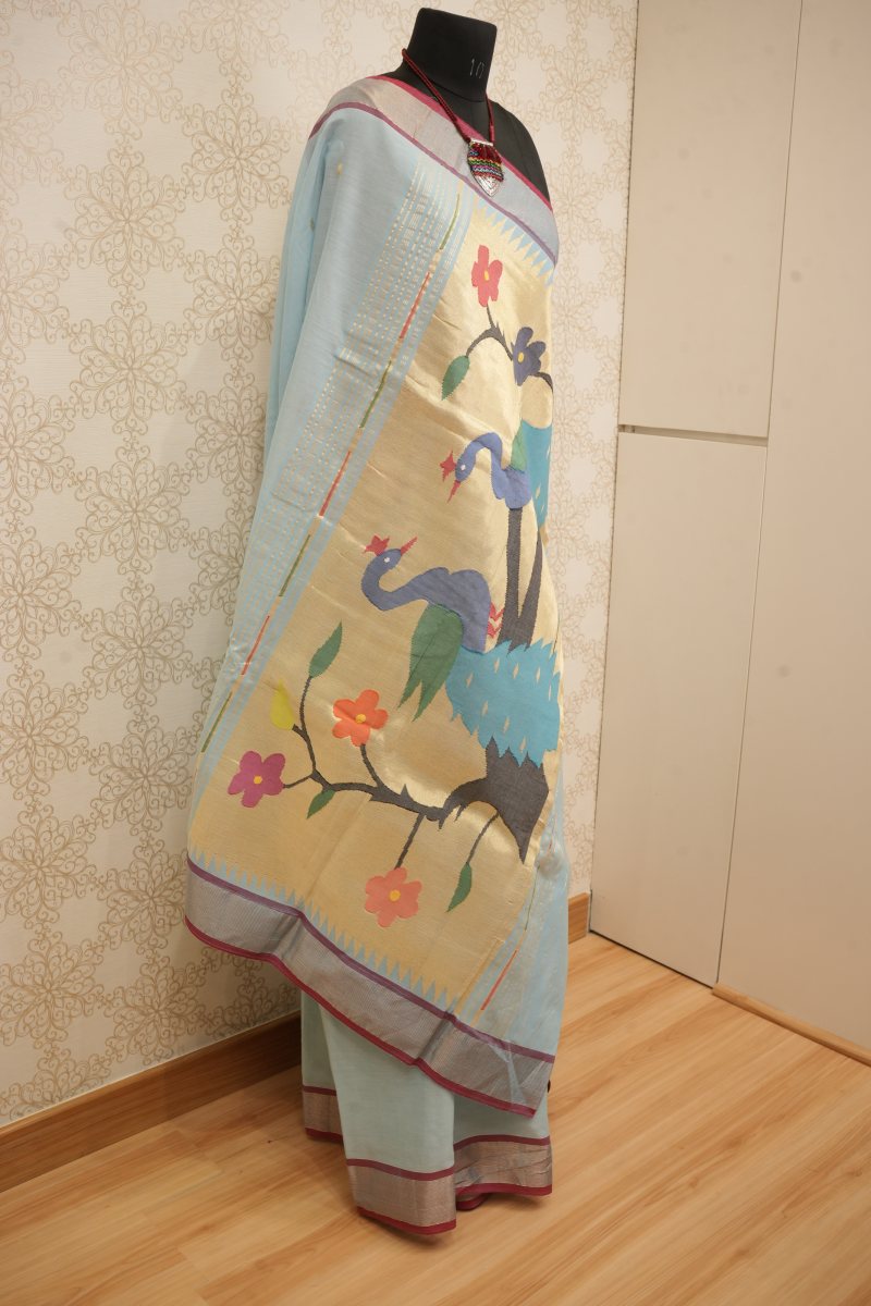 Sky Blue Handloom Cotton Saree with Cream Gold Paithani Pallu — photo 4