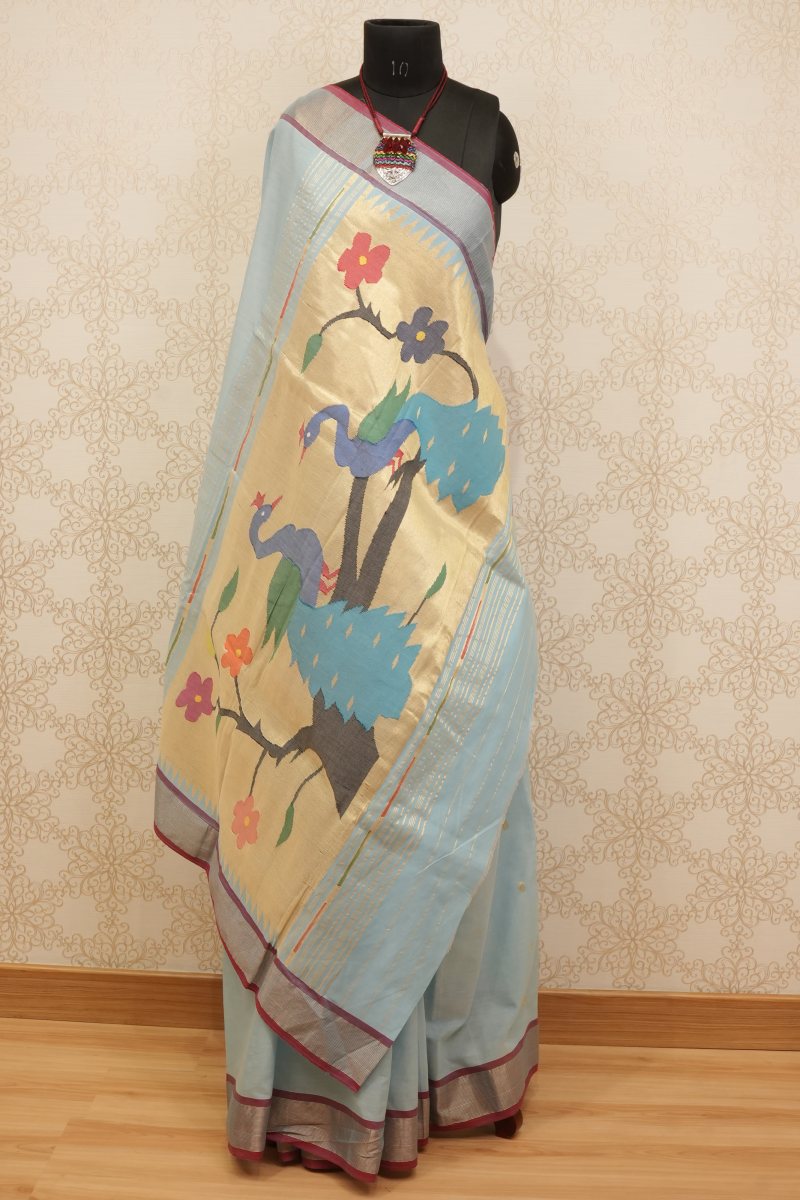 Sky Blue Handloom Cotton Saree with Cream Gold Paithani Pallu — photo 2