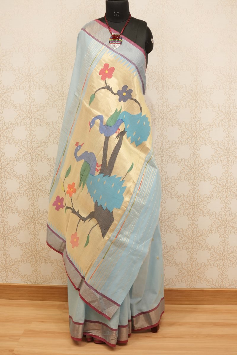 Sky Blue Handloom Cotton Saree with Cream Gold Paithani Pallu — front