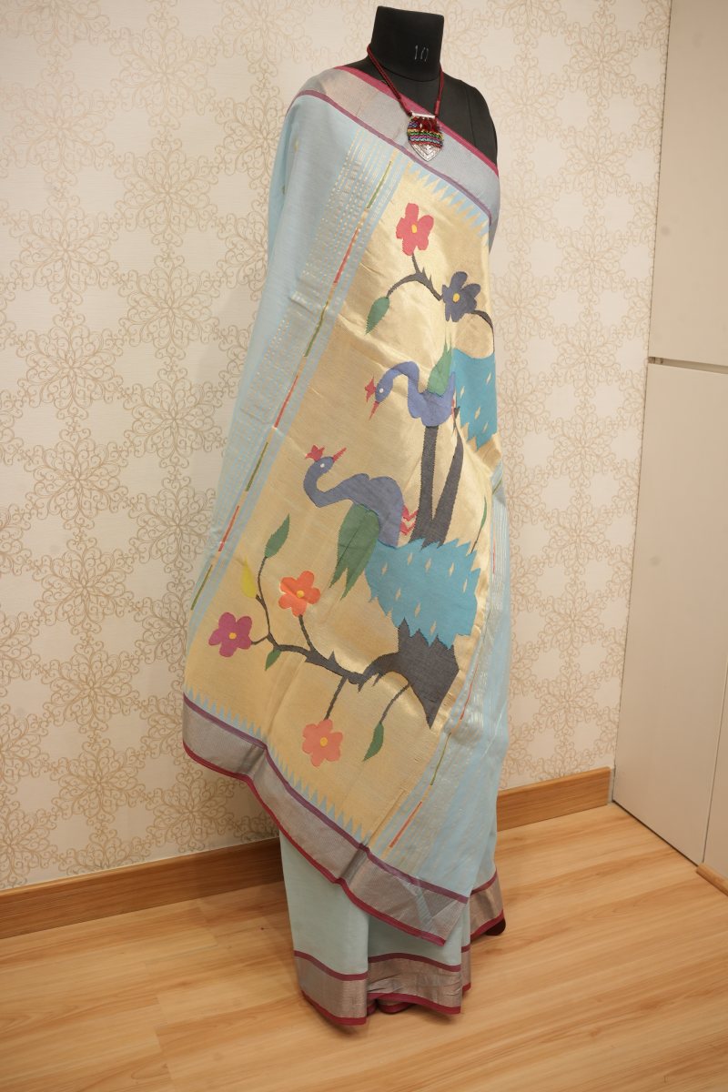 Sky Blue Handloom Cotton Saree with Cream Gold Paithani Pallu — photo 5