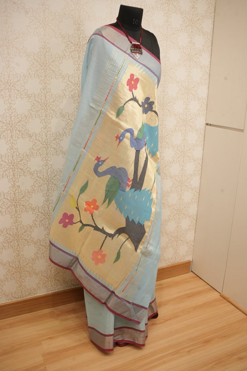 Sky Blue Handloom Cotton Saree with Cream Gold Paithani Pallu — photo 6