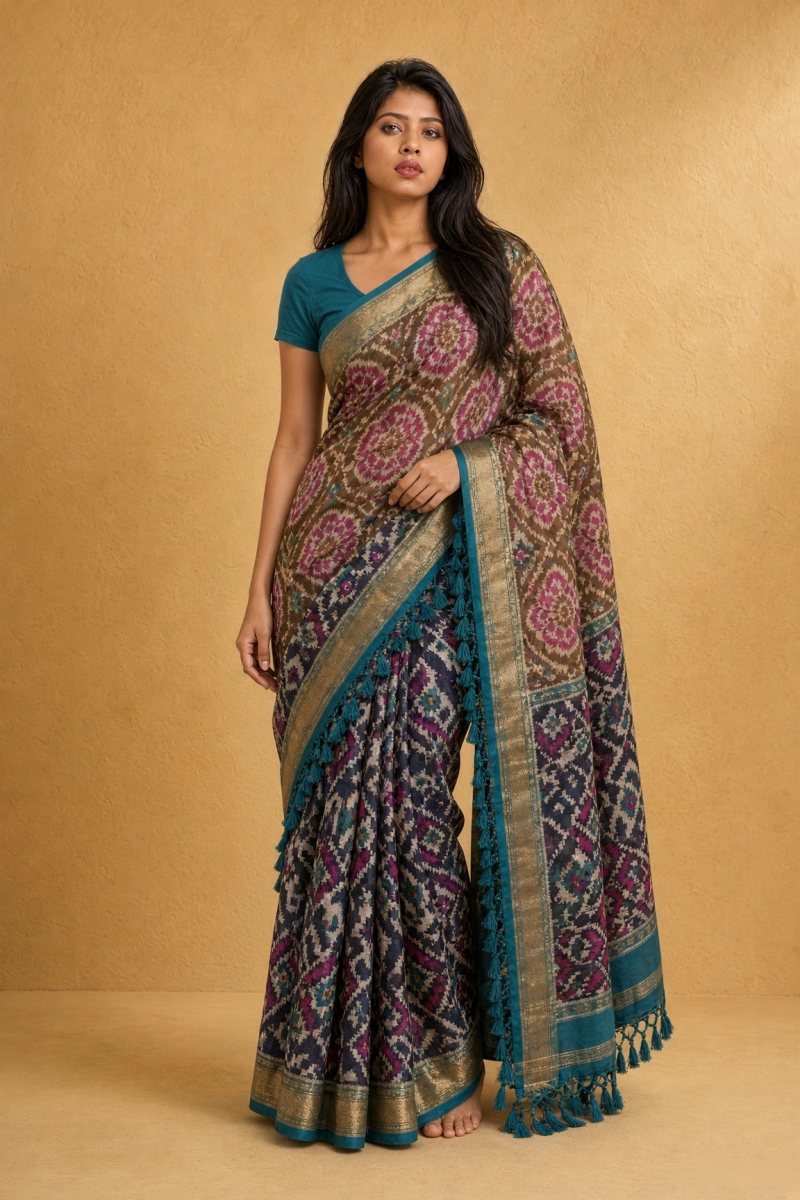 Peacock Blue and Magenta Mashru Silk Patola Saree — front