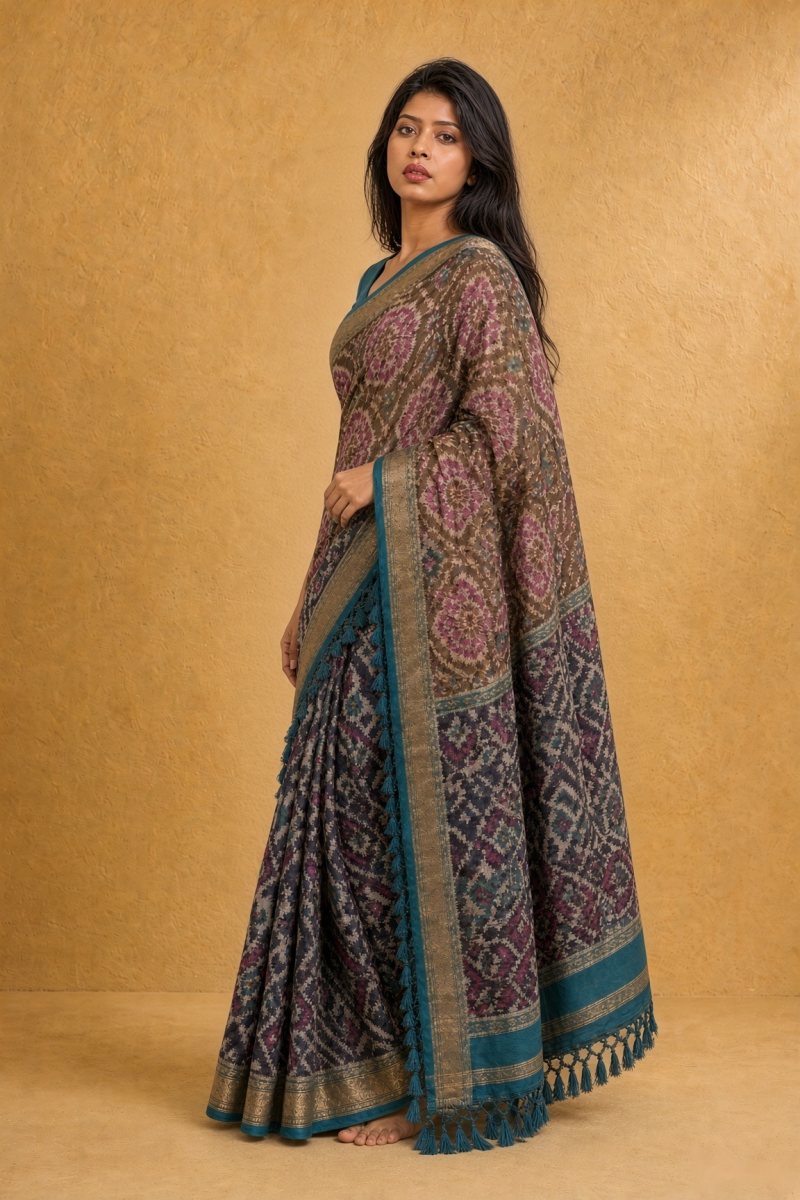Peacock Blue and Magenta Mashru Silk Patola Saree — right three-quarter view