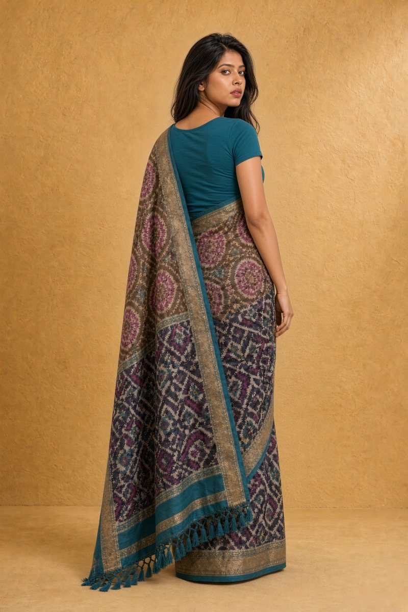 Peacock Blue and Magenta Mashru Silk Patola Saree — back