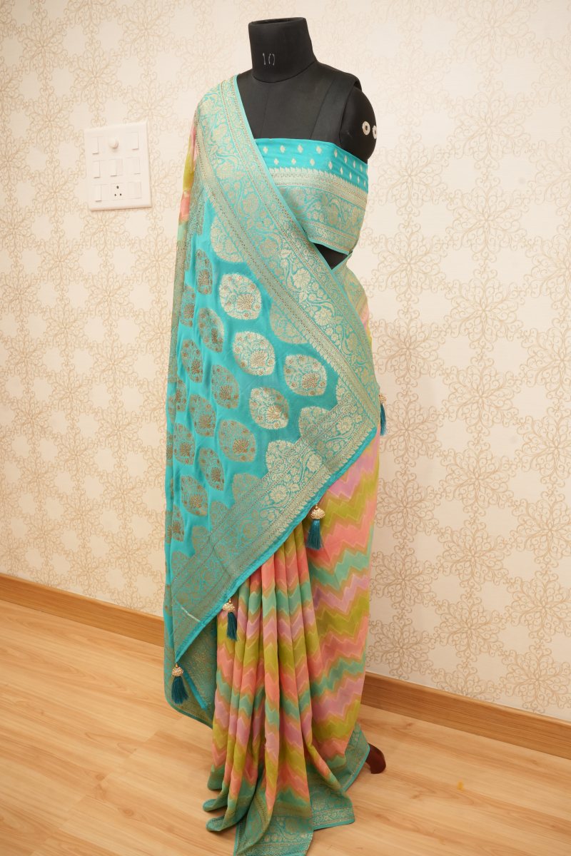 Aqua Blue Khadi Georgette Lehariya Saree — photo 3