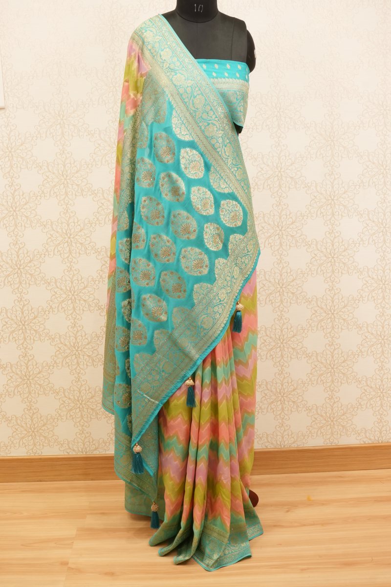 Aqua Blue Khadi Georgette Lehariya Saree — photo 2