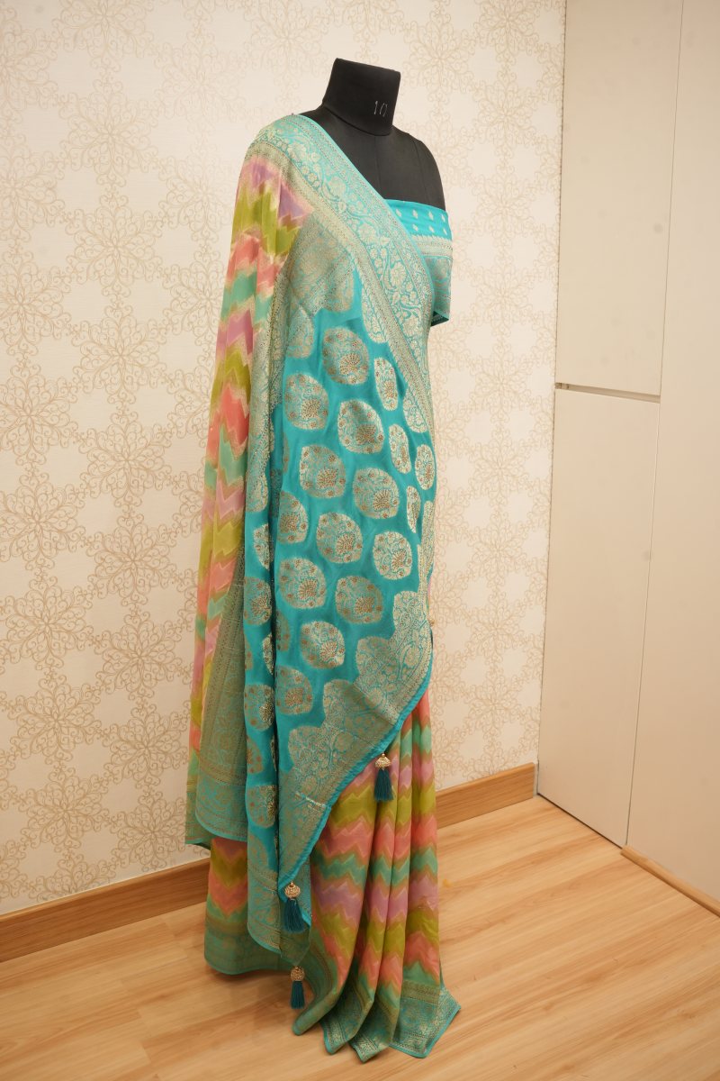 Aqua Blue Khadi Georgette Lehariya Saree — photo 5