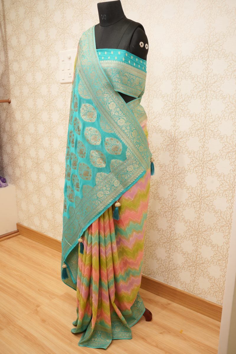 Aqua Blue Khadi Georgette Lehariya Saree — photo 4