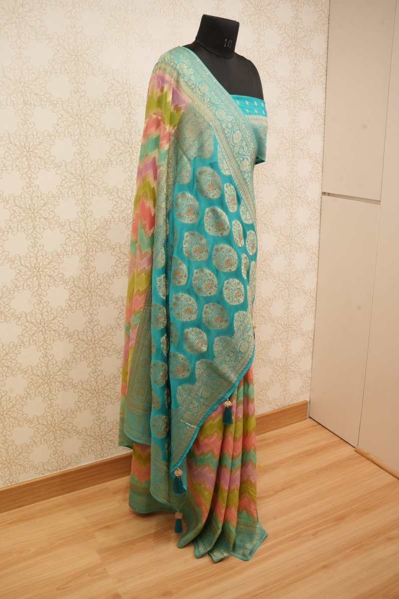 Aqua Blue Khadi Georgette Lehariya Saree — photo 6