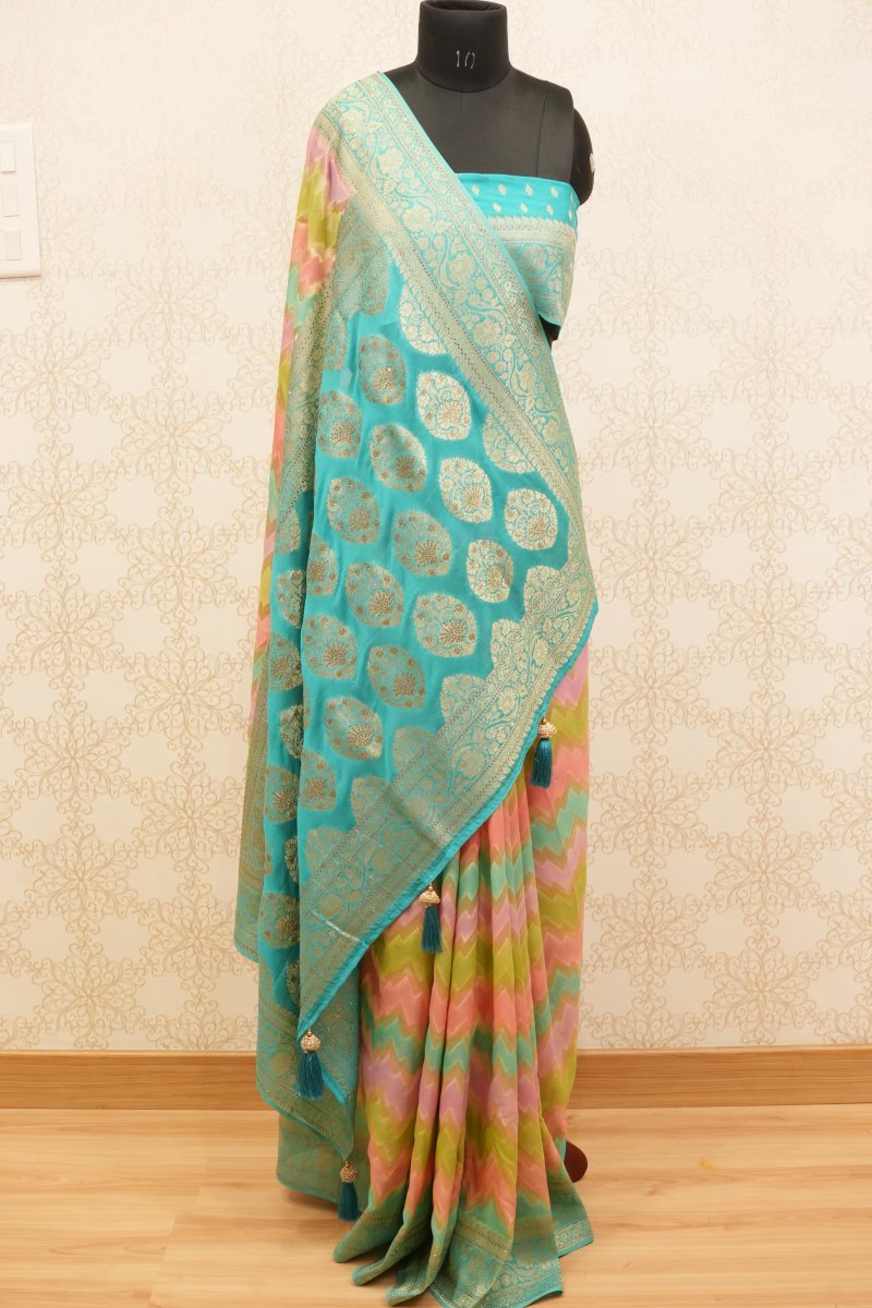 Aqua Blue Khadi Georgette Lehariya Saree — front
