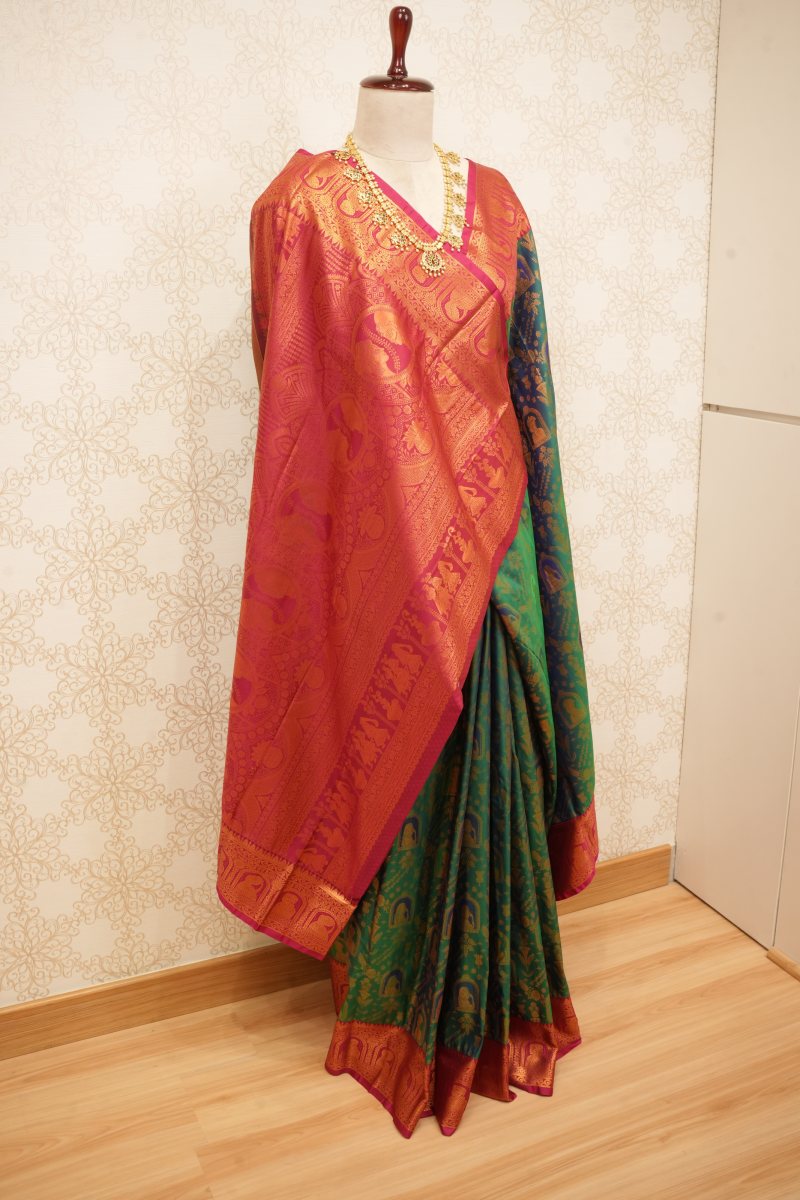 Emerald Green and Rani Pink South Silk Saree with Radha Krishna Motifs — photo 3