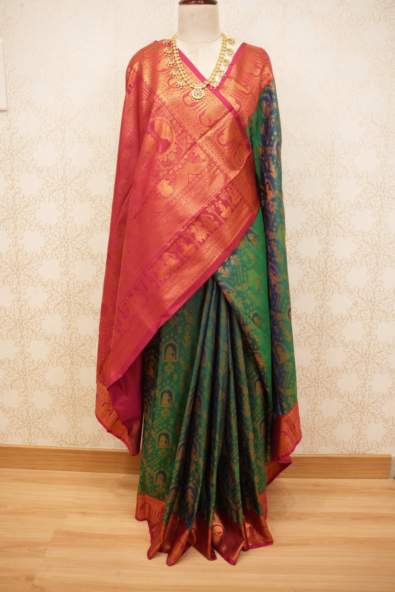 Emerald Green and Rani Pink South Silk Saree with Radha Krishna Motifs — photo 4