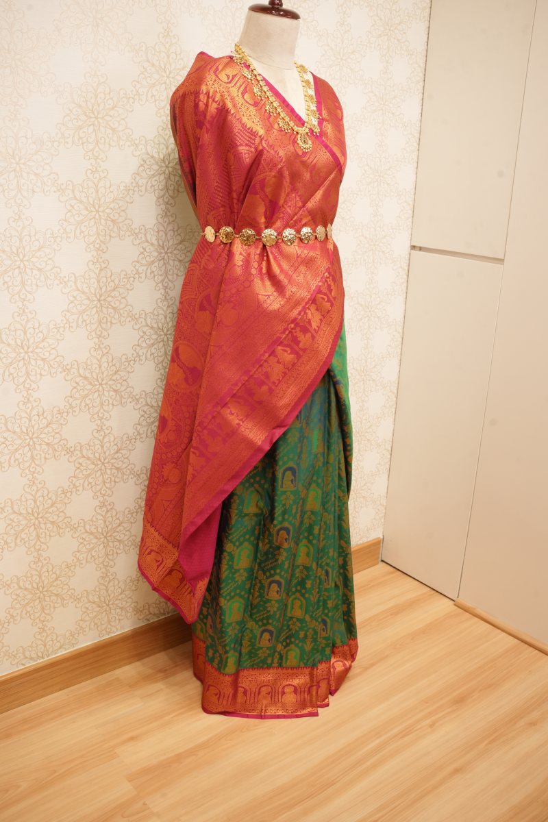 Emerald Green and Rani Pink South Silk Saree with Radha Krishna Motifs — photo 7