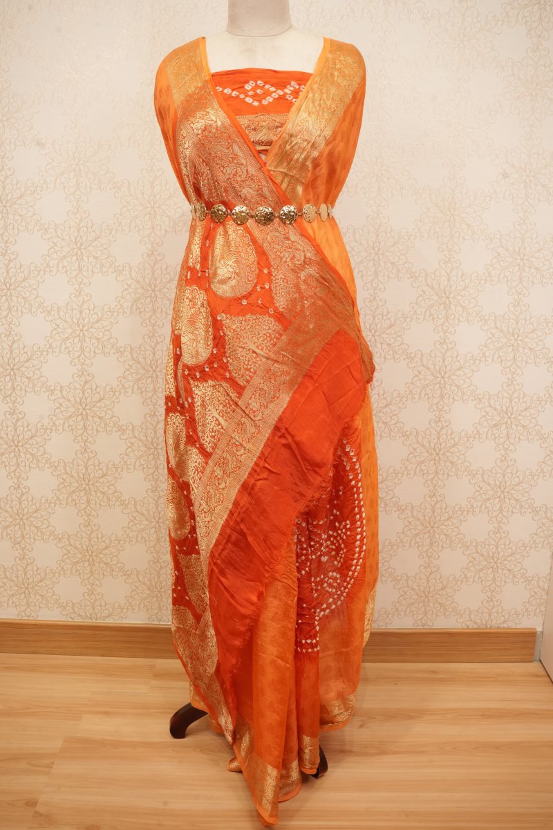 Vibrant Orange and Antique Gold Bandhani Viscose Silk Saree — front