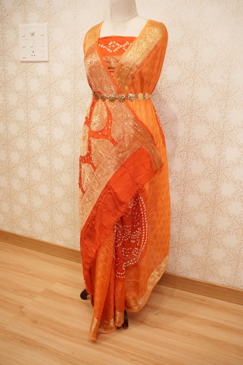 Vibrant Orange and Antique Gold Bandhani Viscose Silk Saree — photo 3