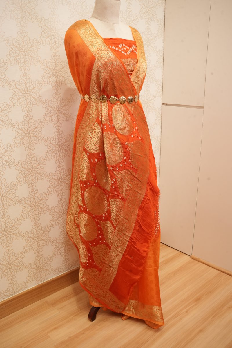Vibrant Orange and Antique Gold Bandhani Viscose Silk Saree — photo 5