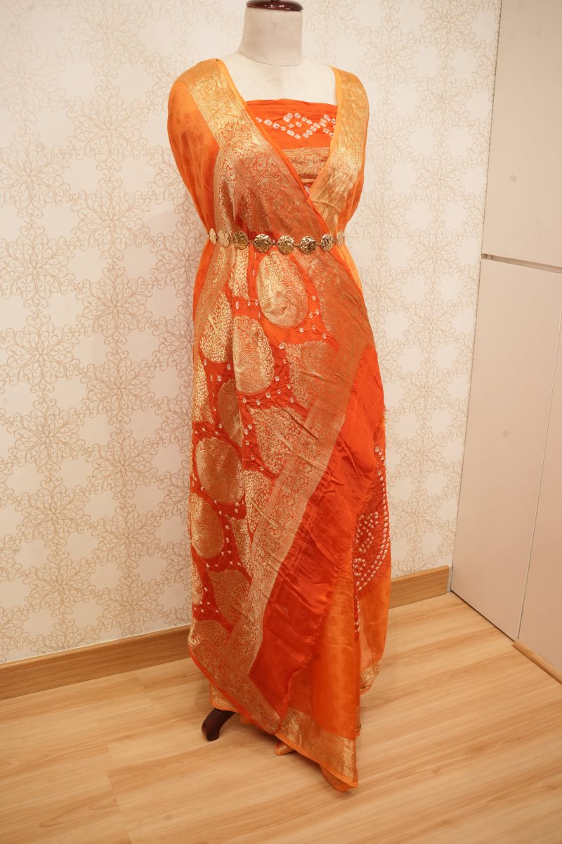 Vibrant Orange and Antique Gold Bandhani Viscose Silk Saree — photo 4