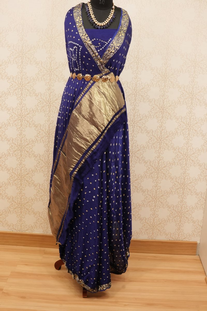 Royal Blue and Antique Gold Gaji Silk Bandhej Saree — photo 2