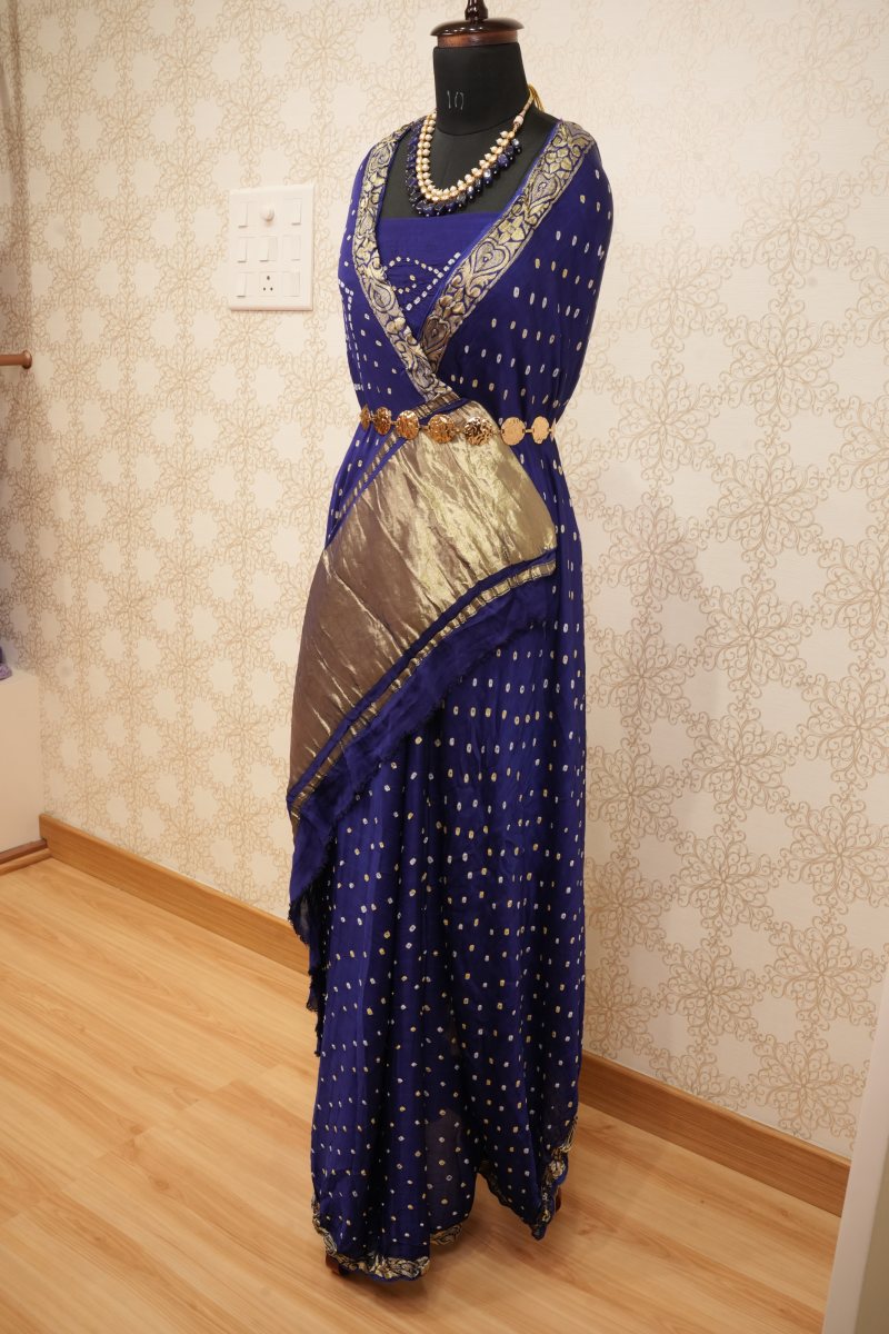 Royal Blue and Antique Gold Gaji Silk Bandhej Saree — photo 4