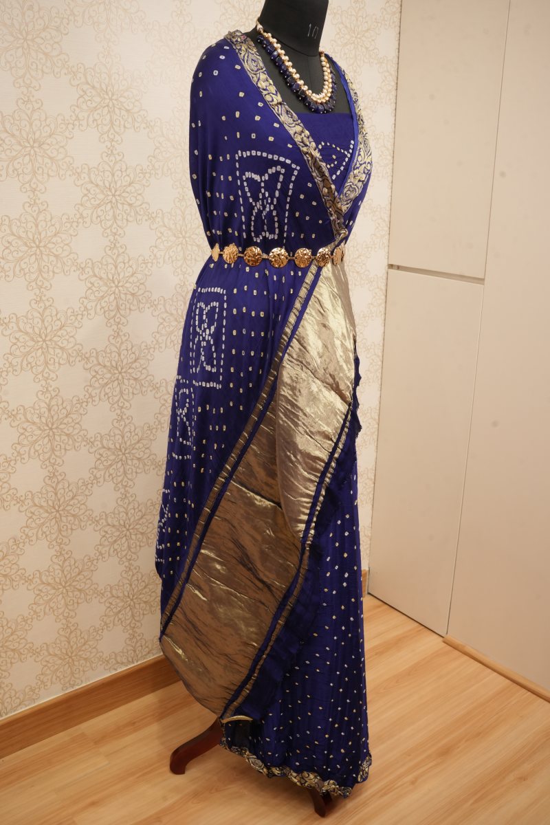 Royal Blue and Antique Gold Gaji Silk Bandhej Saree — photo 6
